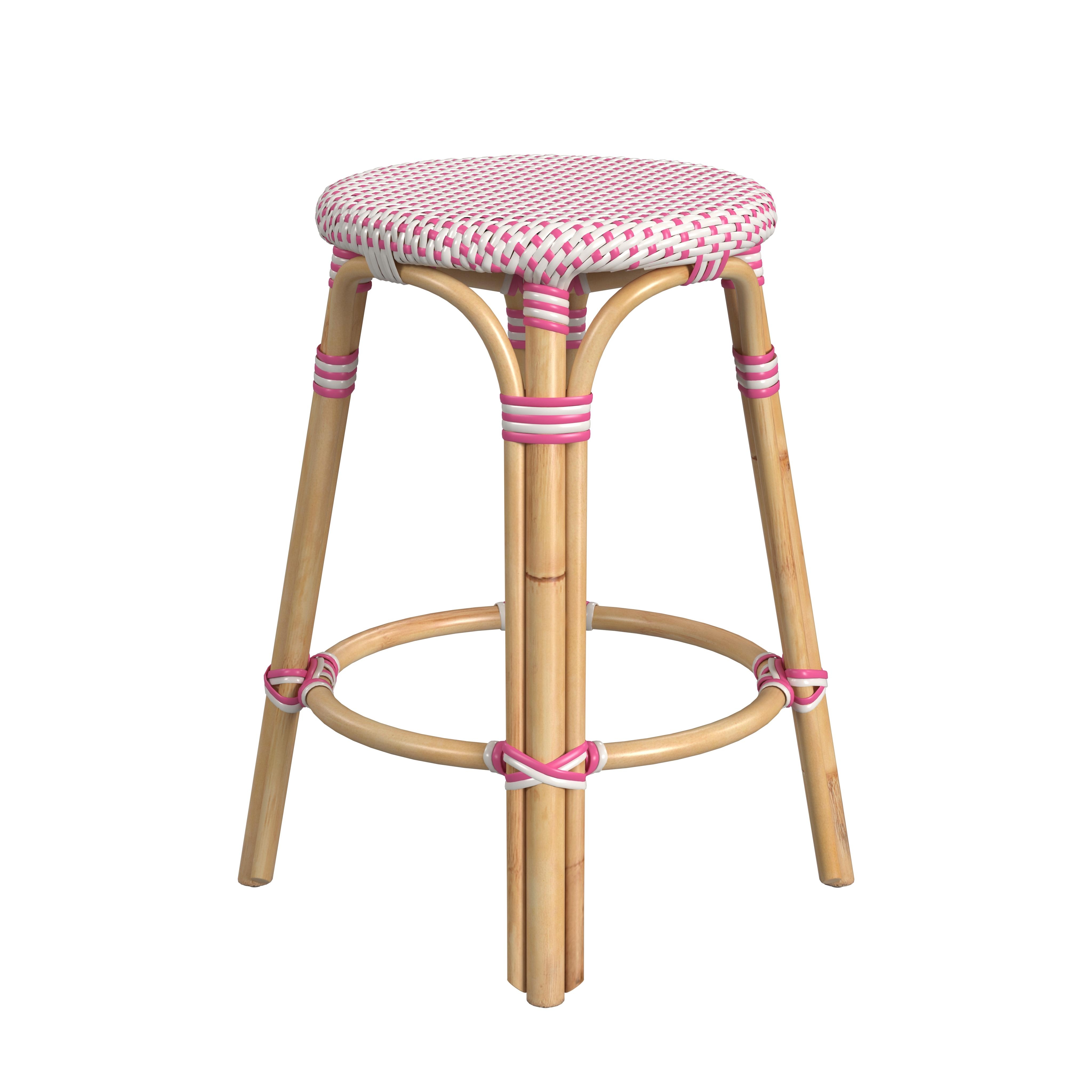 Tobias White/Pink Dot/ Natural Rattan Frame Counter Stool - Image 1
