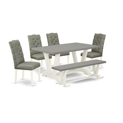 F38512C2F18C4EDF9AD0896870754570 6-Pc Dining Set- 4 Padded Parson Chairs With Smoke Linen Fabric Seat - Dining Table And Small Bench - Cement And Linen White Finish - Image 0