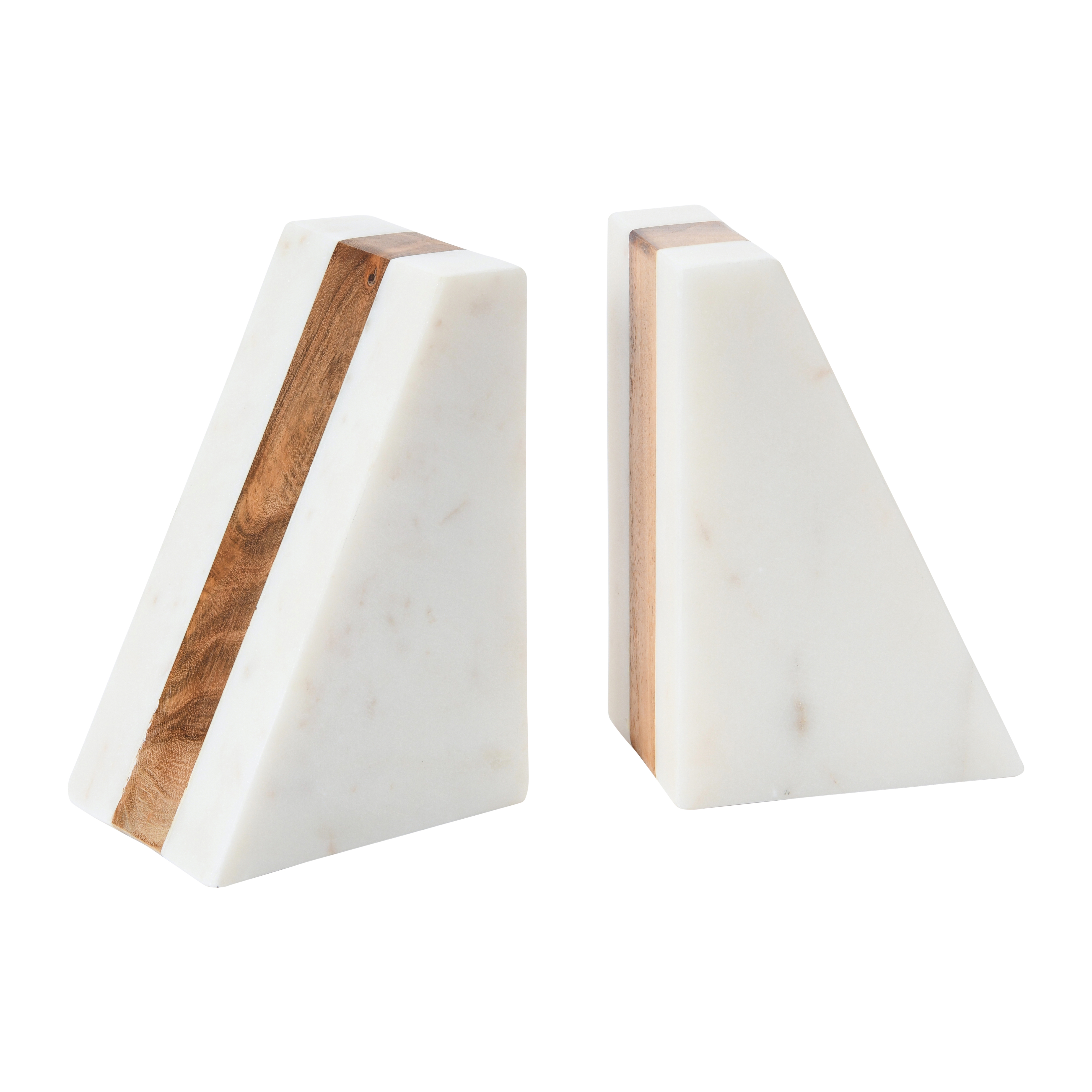 Marble Geometric Bookends with Wood Inlay, White - Image 0
