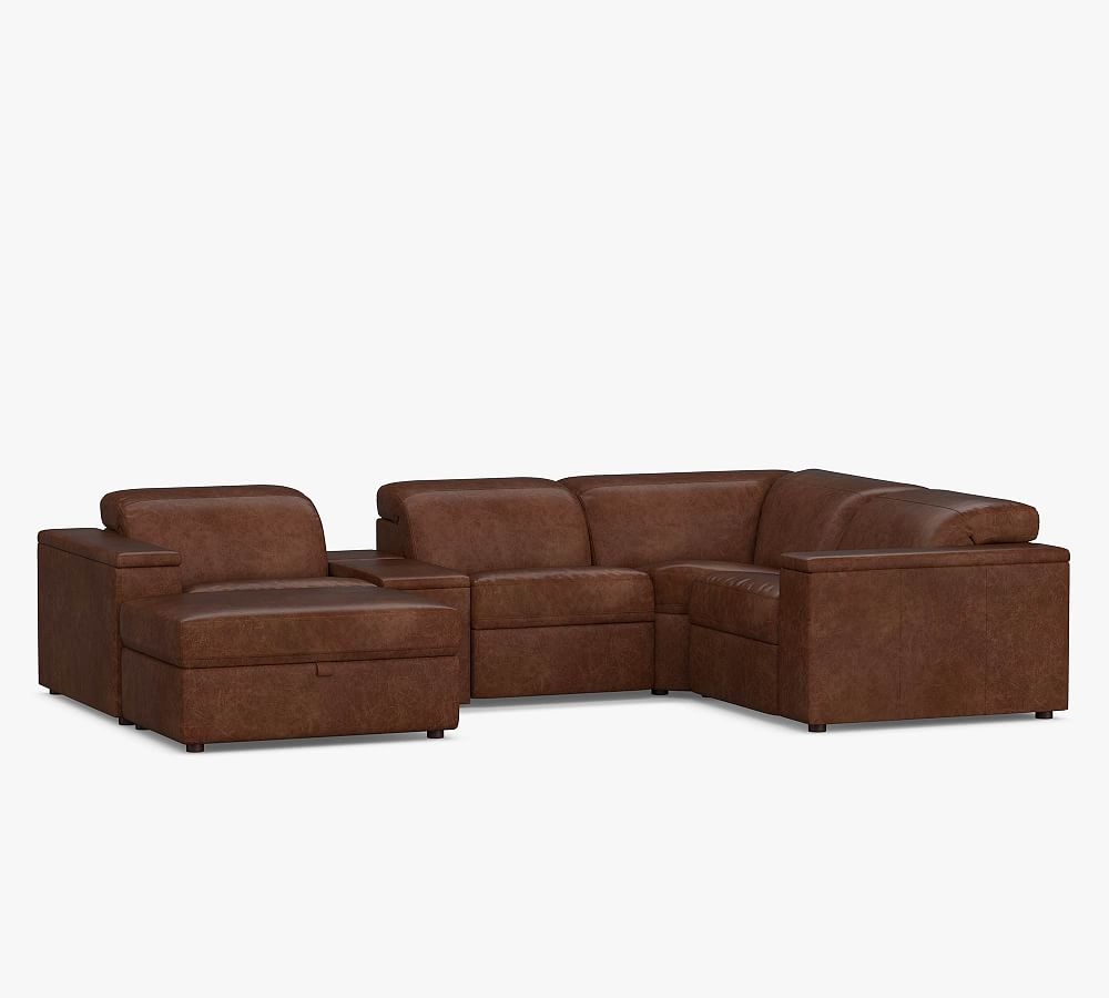 Ultra Lounge Leather Square Arm 6-Piece Reclining Sectional, Down Blend Wrapped Cushions, Burnished Saddle - Image 0