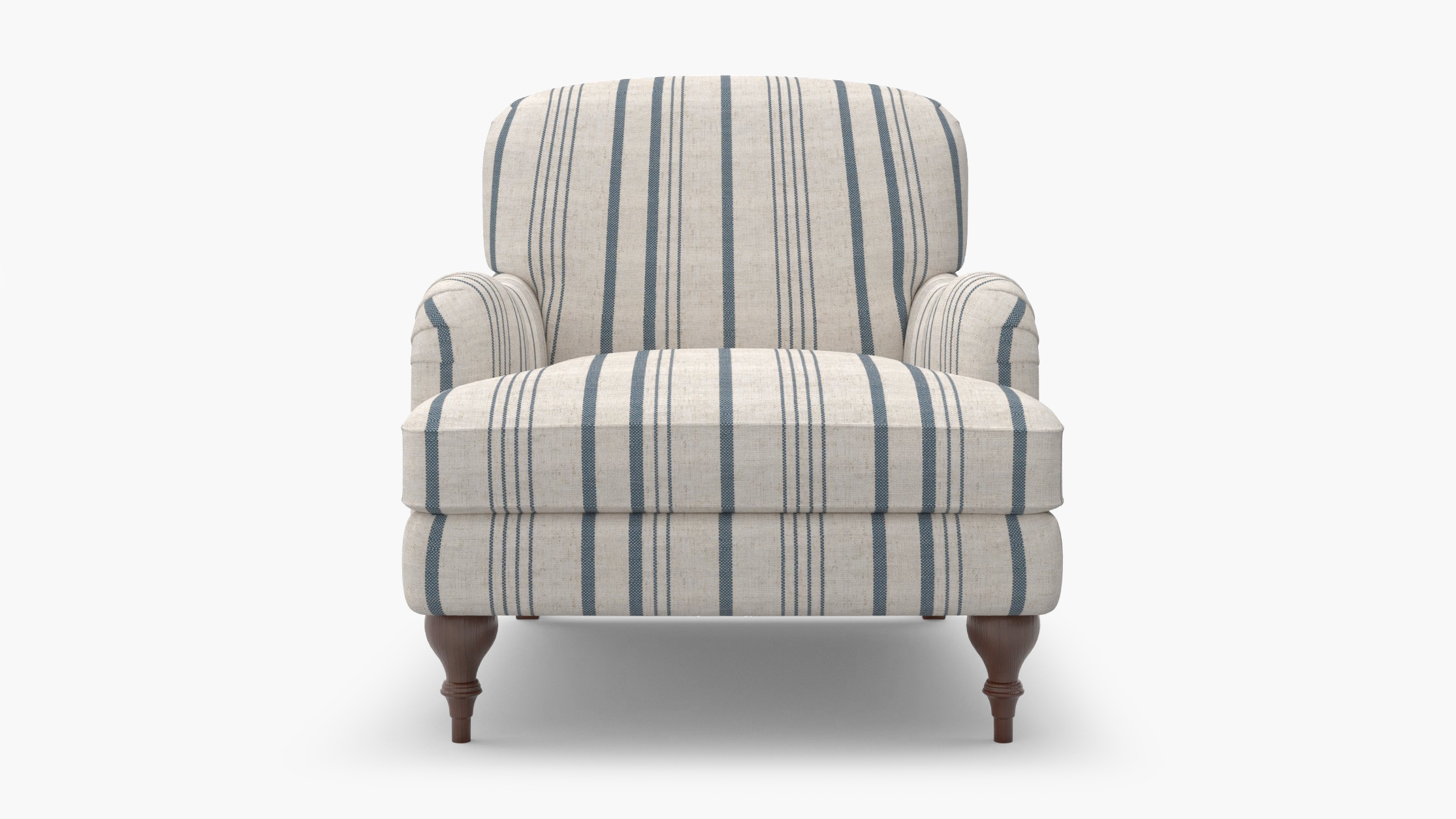 English Roll Arm Chair, Blue Market Stripe, Walnut Turned Wood Leg - Image 0