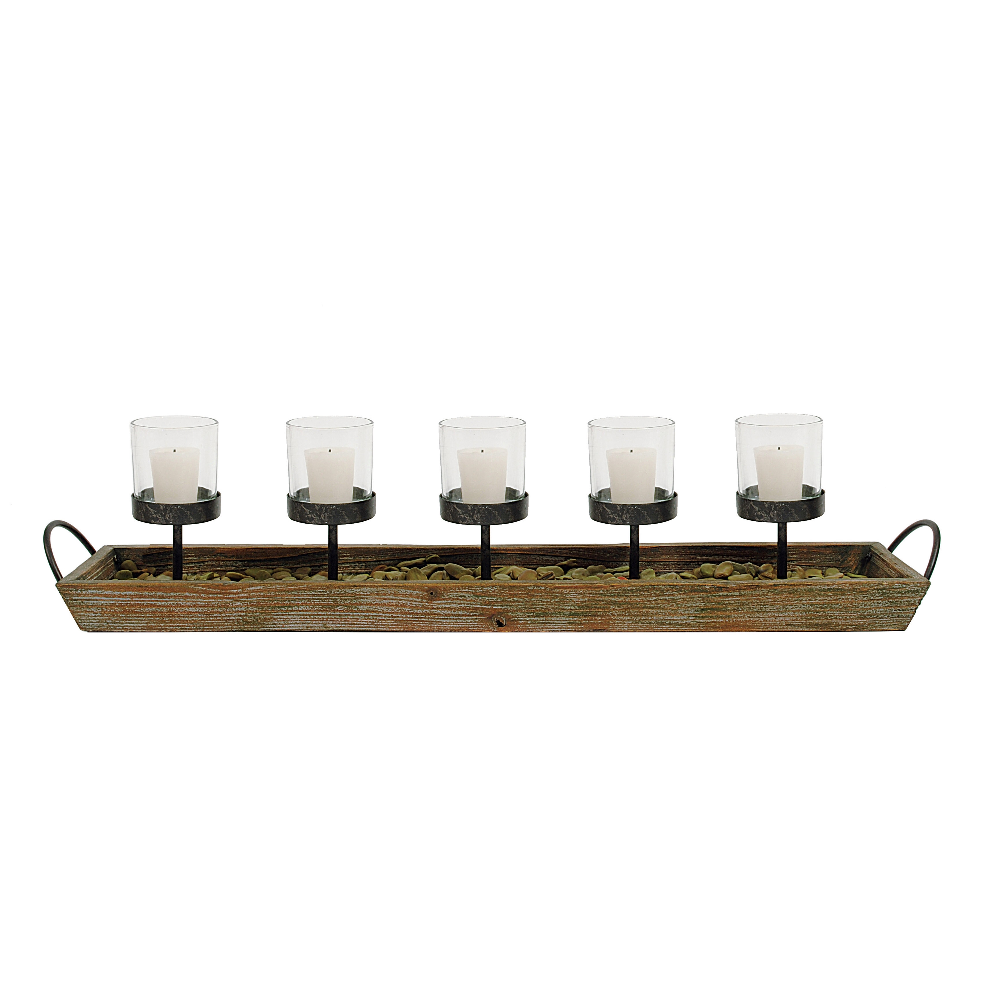 5 Metal Votive Candleholders in Rectangle Wood Tray with Handles - Image 0