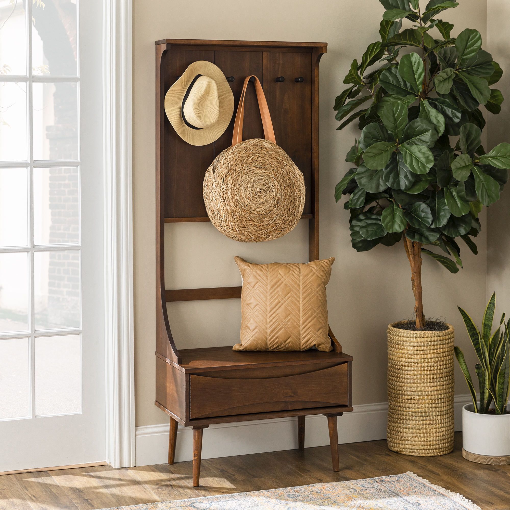 Atticus 68" Solid Wood Hall Tree With Drawer - Walnut - Image 4