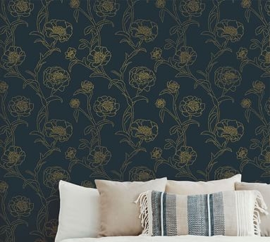 Peonies Peacock Blue/Gold Removeable Wallpaper, 56 Sq. Ft - Image 0