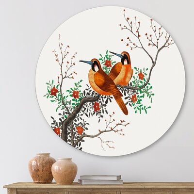 Two Chinese Birds On A Flowering Tree Branch - Traditional Metal Circle Wall Art - Image 0