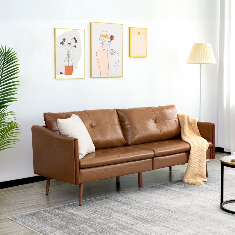 74'' Vegan Leather Round Arm Sofa, Orange Faux Leather - Image 2
