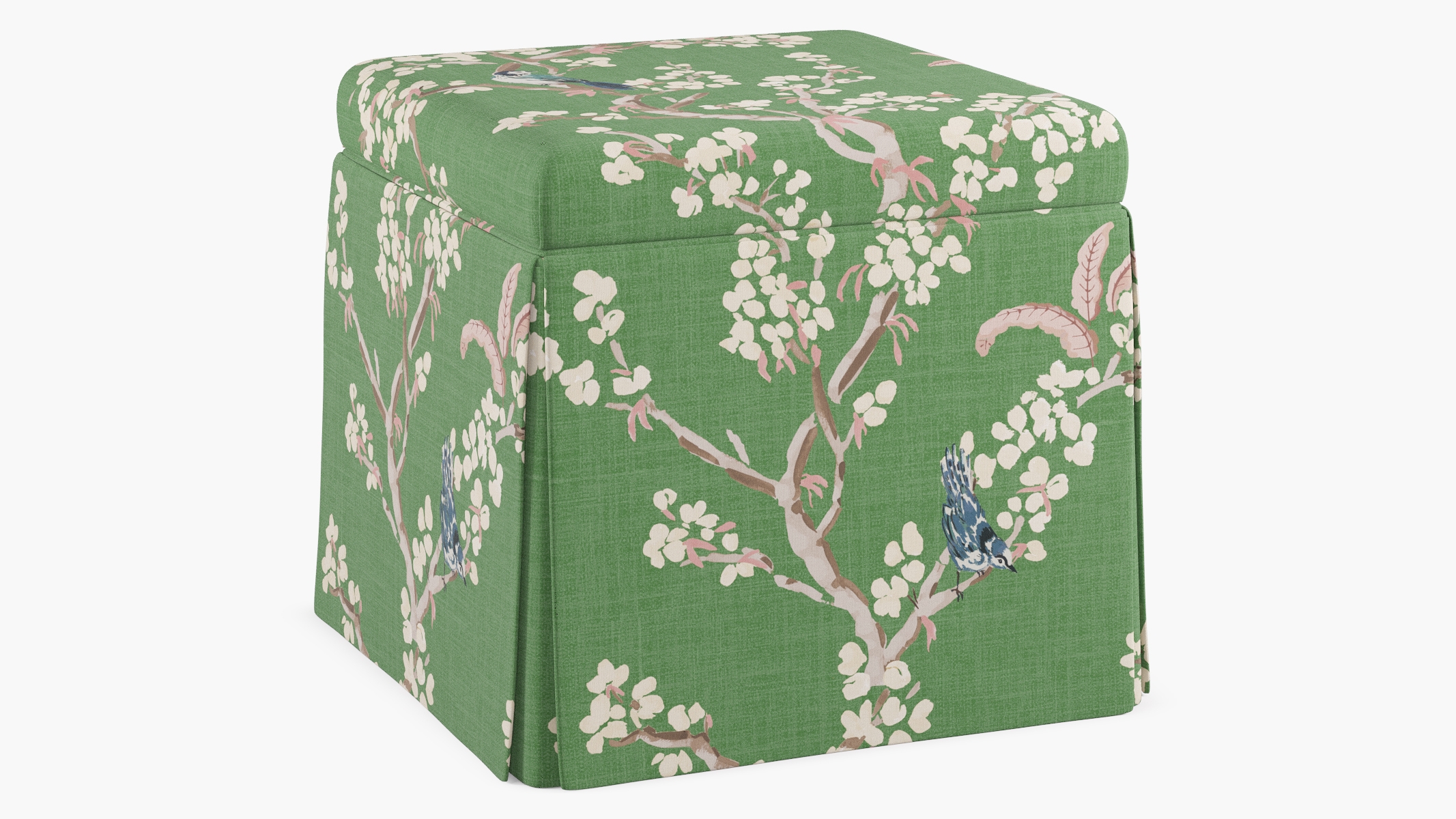 Skirted Storage Ottoman, Jade Cherry Blossom - Image 1