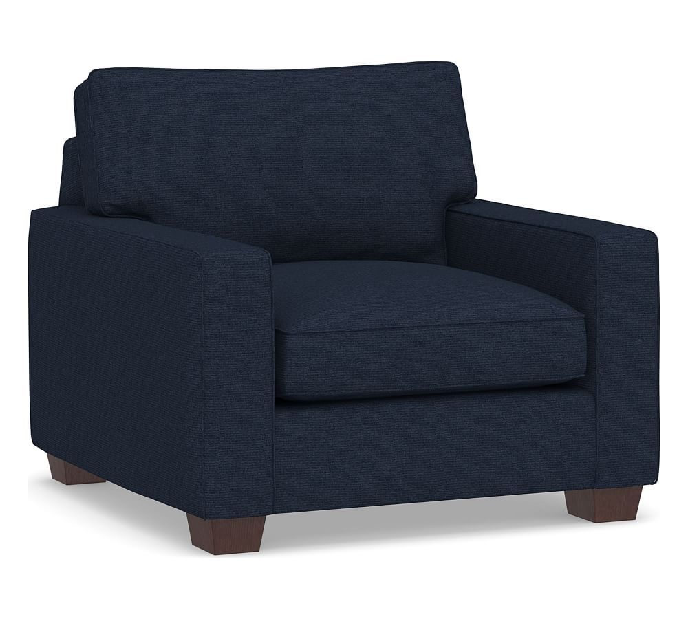 PB Comfort Square Arm Upholstered Grand Armchair 42.5", Box Edge Down Blend Wrapped Cushions, Performance Heathered Basketweave Navy - Image 0