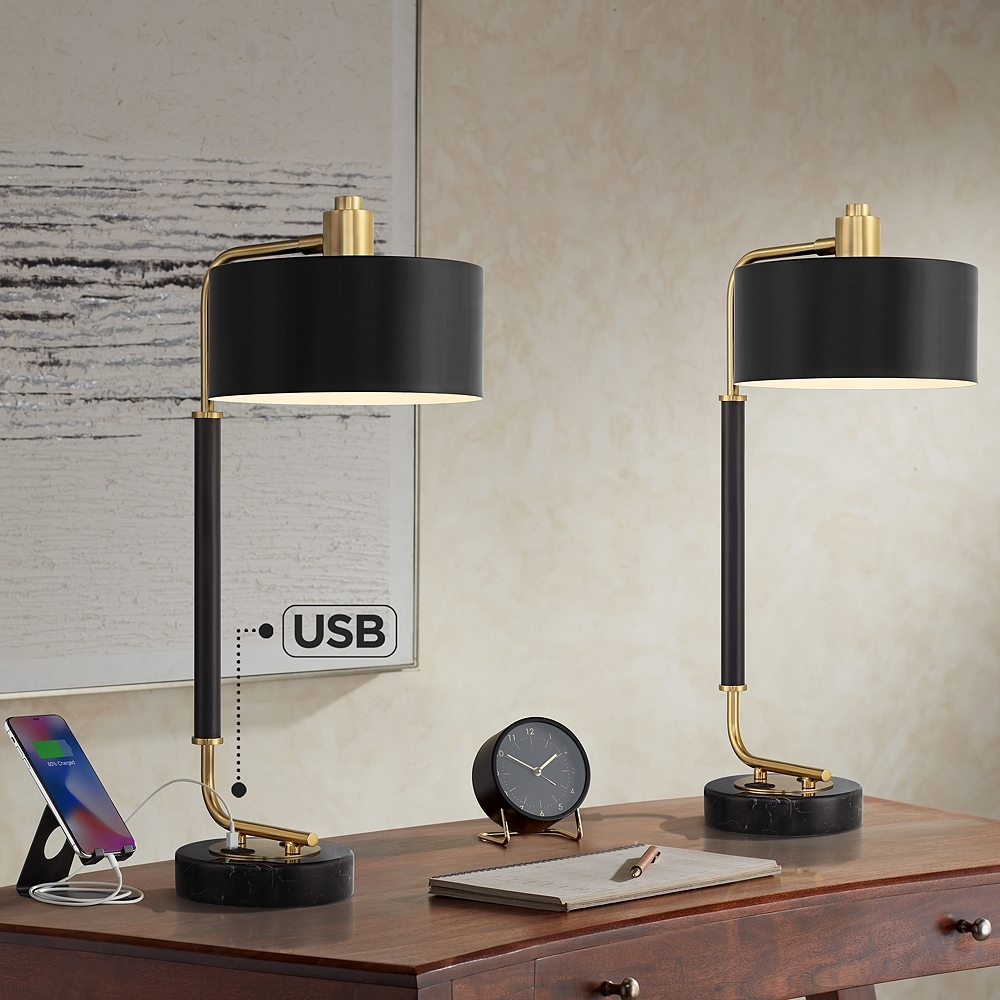 Possini Euro Myles 24" Black Gold Dual USB Desk Lamps Set of 2 - Image 0