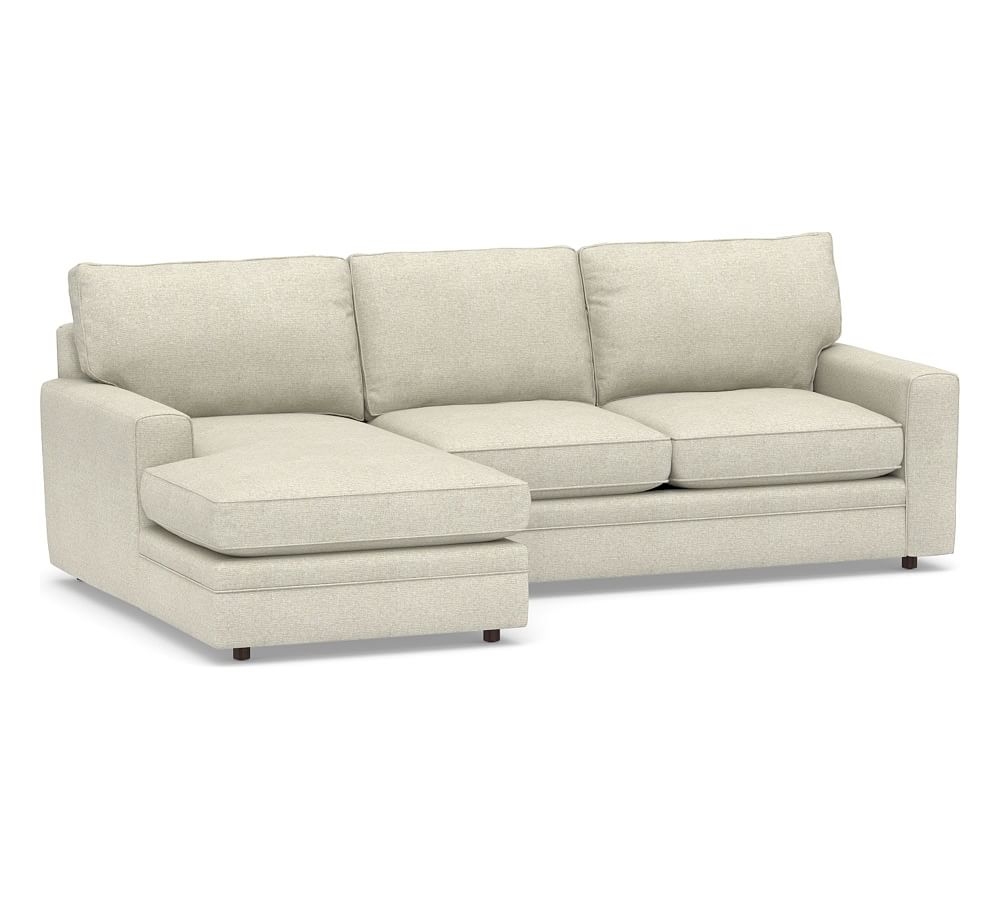 Pearce Square Arm Upholstered Right Arm Loveseat with Chaise Sectional, Down Blend Wrapped Cushions, Performance Heathered Basketweave Alabaster White - Image 0