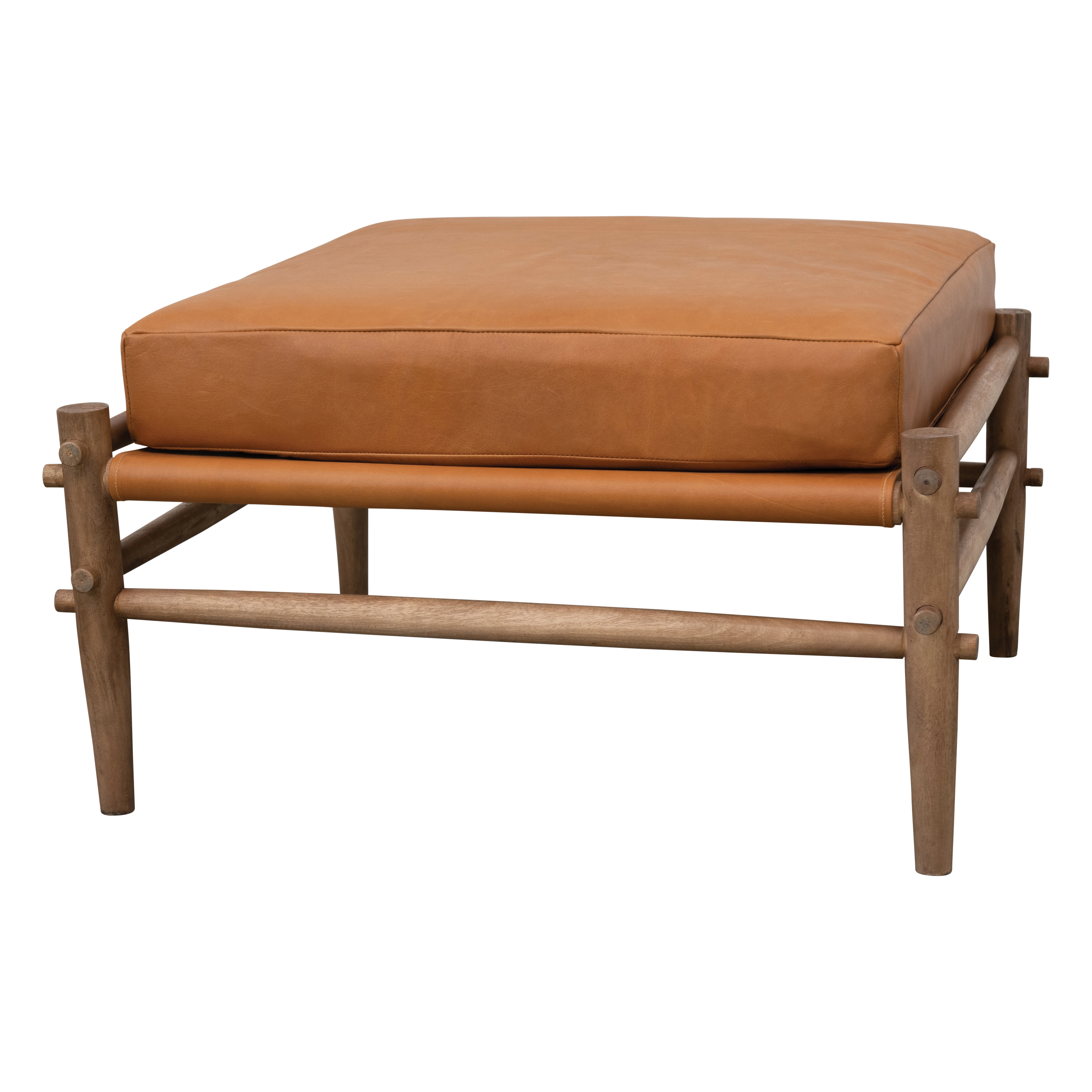 Mango Wood Ottoman with Leather Cushion - Image 0