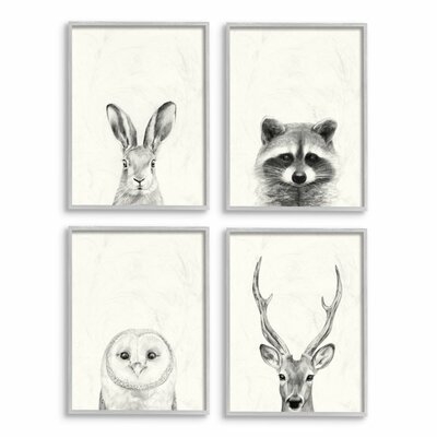 'Woodland Animals Portrait Gray' by Victoria Borges - 4 Piece Drawing Print Set - Image 0