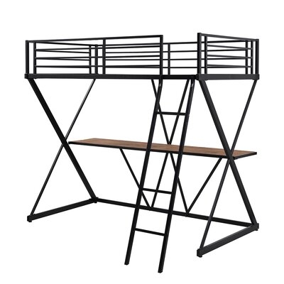 Steel Twin Loft Bed Desk, Loft Bed Ladder Full-Length Guardrails, X-Shaped Frame, Black - Image 0