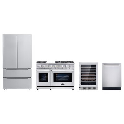4 Piece Kitchen Package with 48" Freestanding Gas Range 24" Built-in Fully Integrated Dishwasher Energy Star French Door Refrigerator & 48 Bottle Freestanding Wine Refrigerator - Image 0