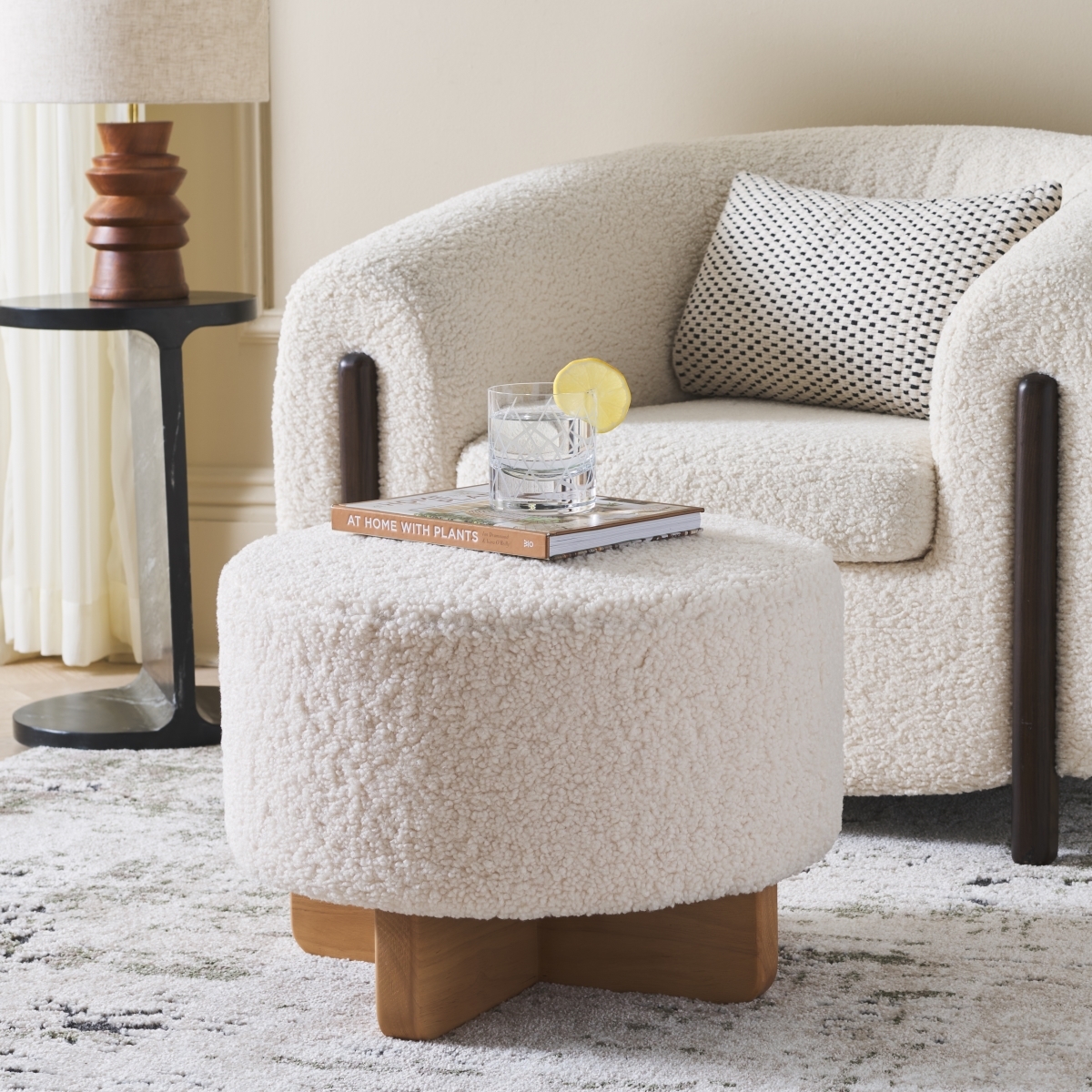 Riah Faux Shearling Round Ottoman - Off White / Natural - Safavieh - Image 1