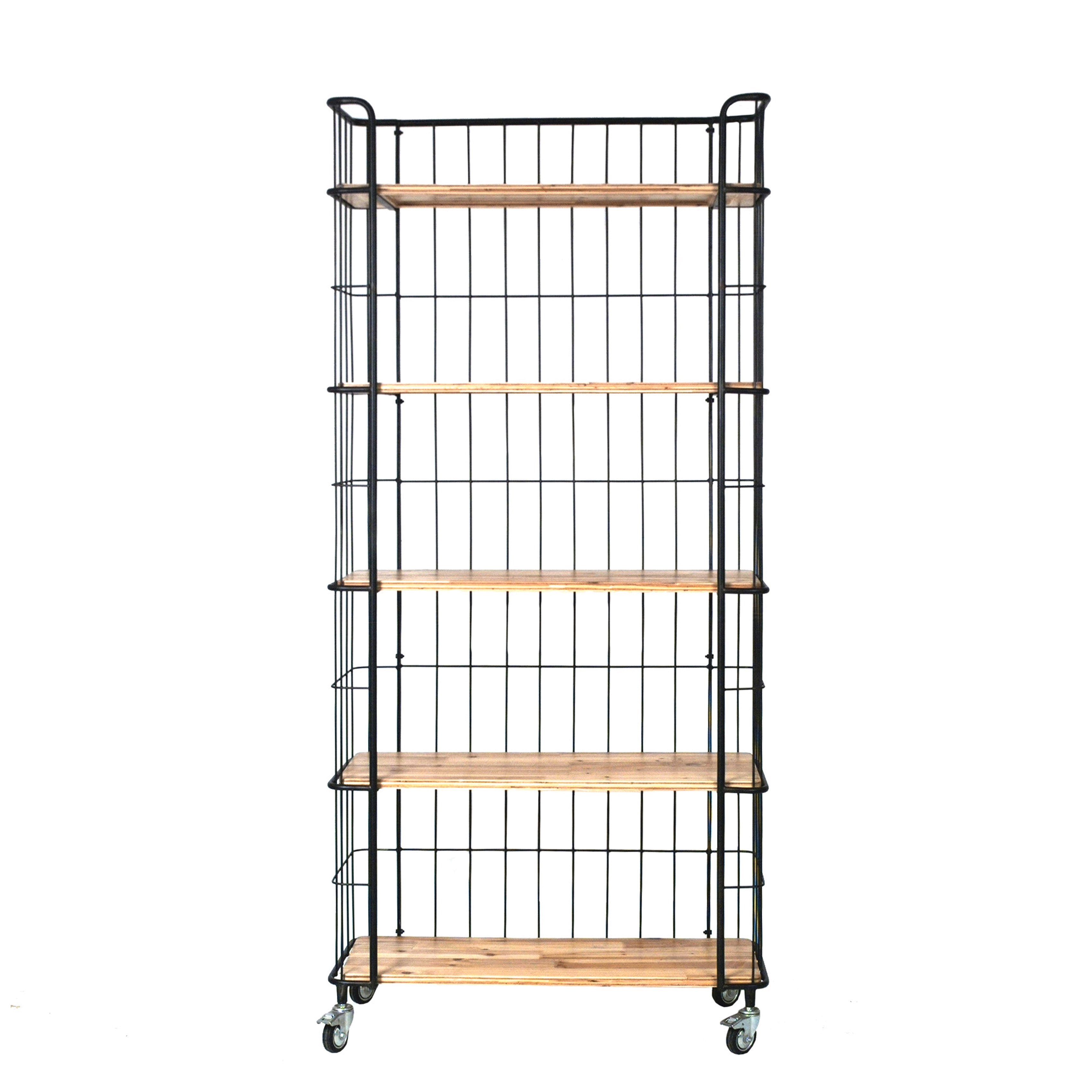 Wood and Metal 5-Tier Shelf with Wheels, Natural and Black - Image 0