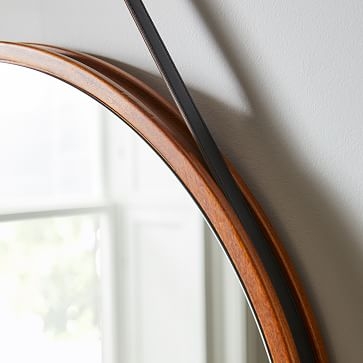 Modern Leather Round Hanging Mirror, Natural and Tan, 24" Diam - Image 1