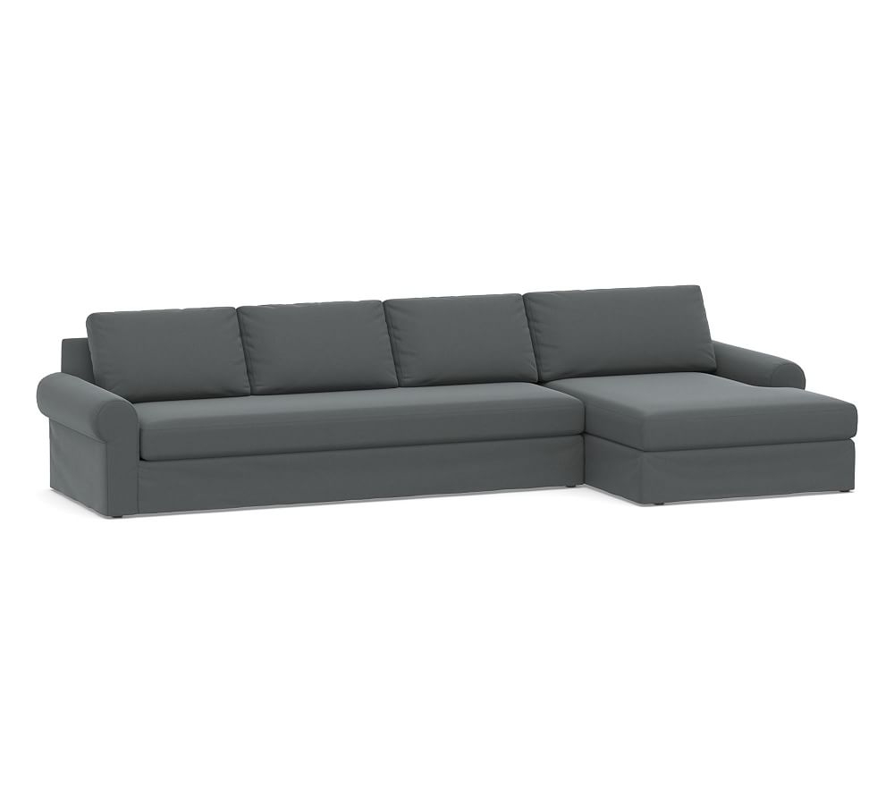 Big Sur Roll Arm Slipcovered Left Arm Grand Sofa with Double Chaise Sectional and Bench Cushion, Down Blend Wrapped Cushions, Performance Plush Velvet Slate - Image 0