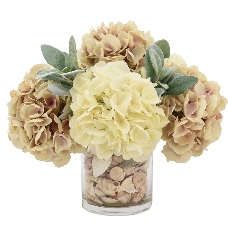 White And Mauve Hydrangea Bouquet With Shells - Image 0