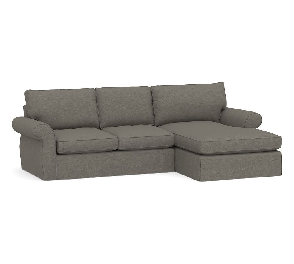 Pearce Roll Arm Slipcovered Left Arm Loveseat with Double Wide Chaise Sectional, Down Blend Wrapped Cushions, Chunky Basketweave Metal - Image 0