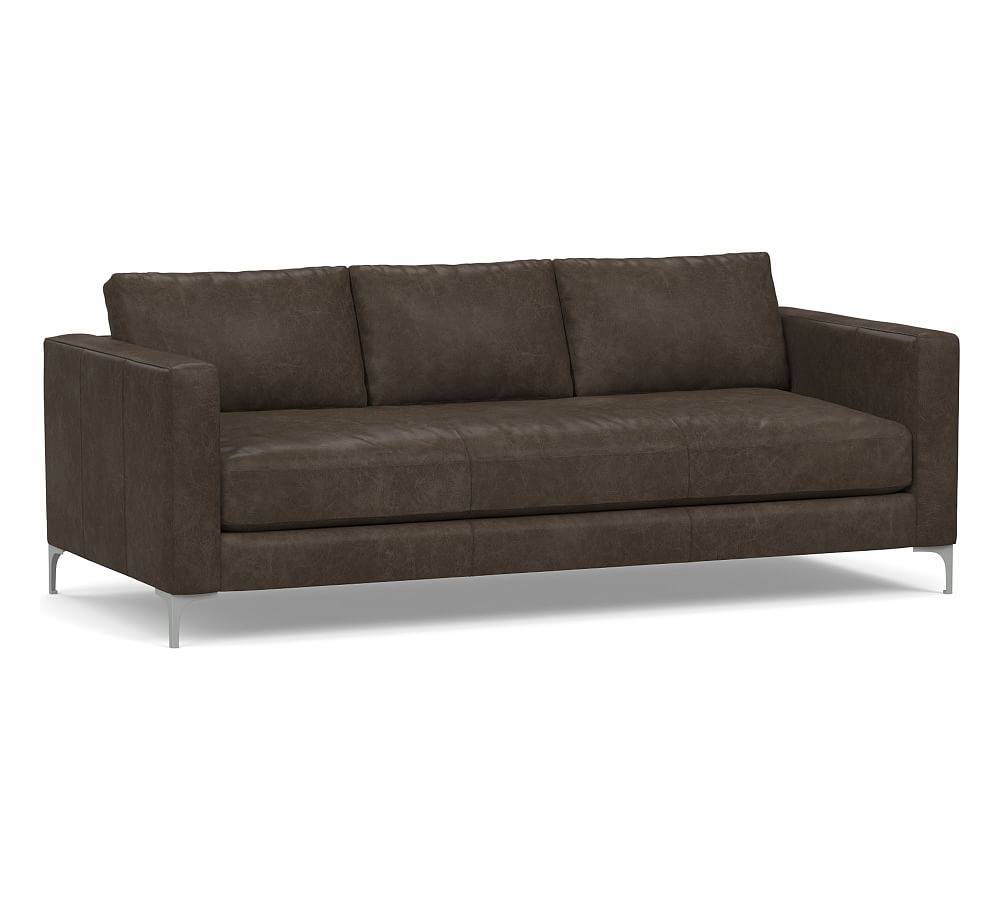 Jake Leather Sofa 85" with Brushed Nickel Legs, Down Blend Wrapped Cushions, Statesville Wolf Gray - Image 0