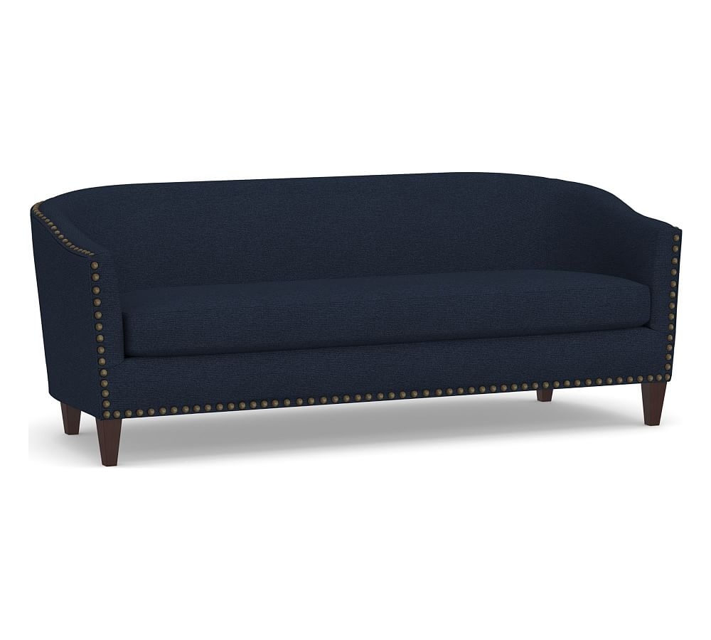 Harlow Upholstered Sofa 745" without NH, Polyester Wrapped Cushions, Performance Heathered Basketweave Navy - Image 0
