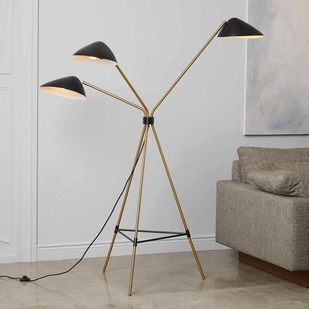 Curvilinear Mid-Century Floor Lamp, 3 Light, Black & Brass - Image 0