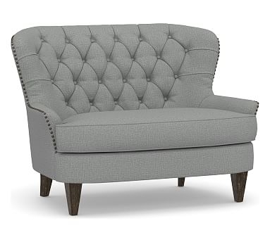 Cardiff Upholstered Settee, Polyester Wrapped Cushions, Performance Brushed Basketweave Chambray - Image 0