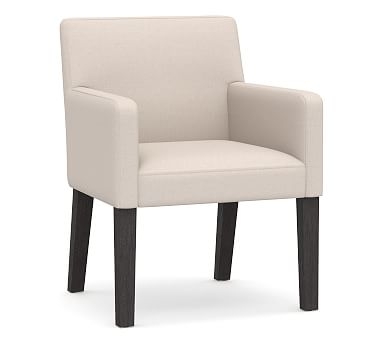PB Classic Upholstered Dining Armchair, Blackened Oak Legs, Belgian Linen Natural - Image 1