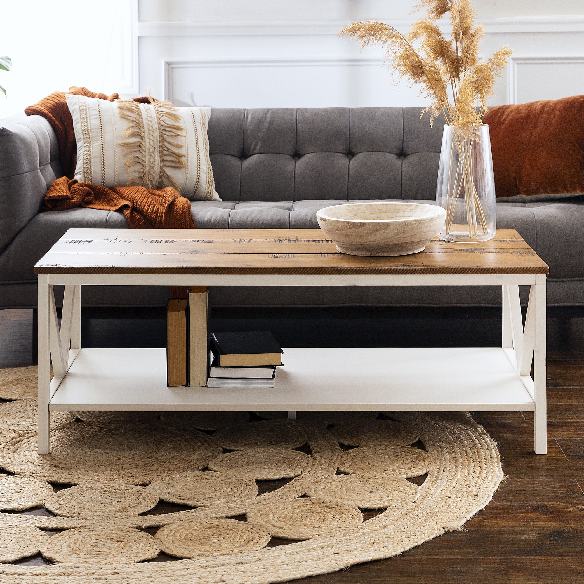 Natalee 48" Distressed Farmhouse Coffee Table - Rustic Oak/White Wash - Image 3