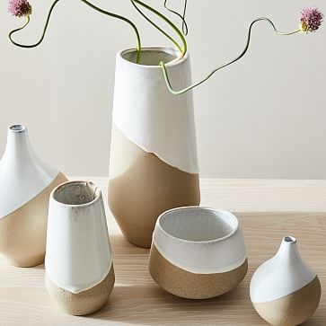 Half-Dipped Stoneware Vase, Gray & White, Small Bulb, 6" - Image 1
