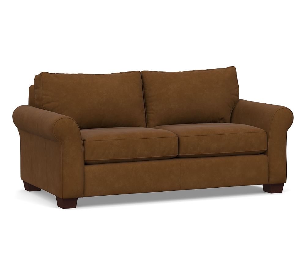 PB Comfort Roll Arm Leather Loveseat 68", Polyester Wrapped Cushions, Aviator Umber - Image 0