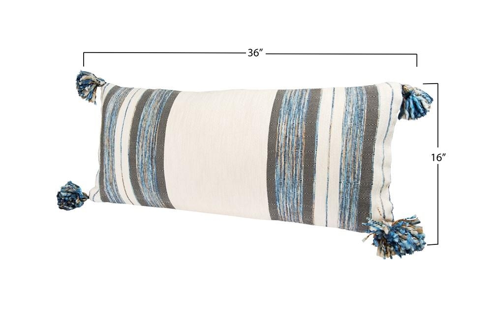 Blue, Grey & Cream Striped Cotton Blend Lumbar Pillow with Tassels - Image 1
