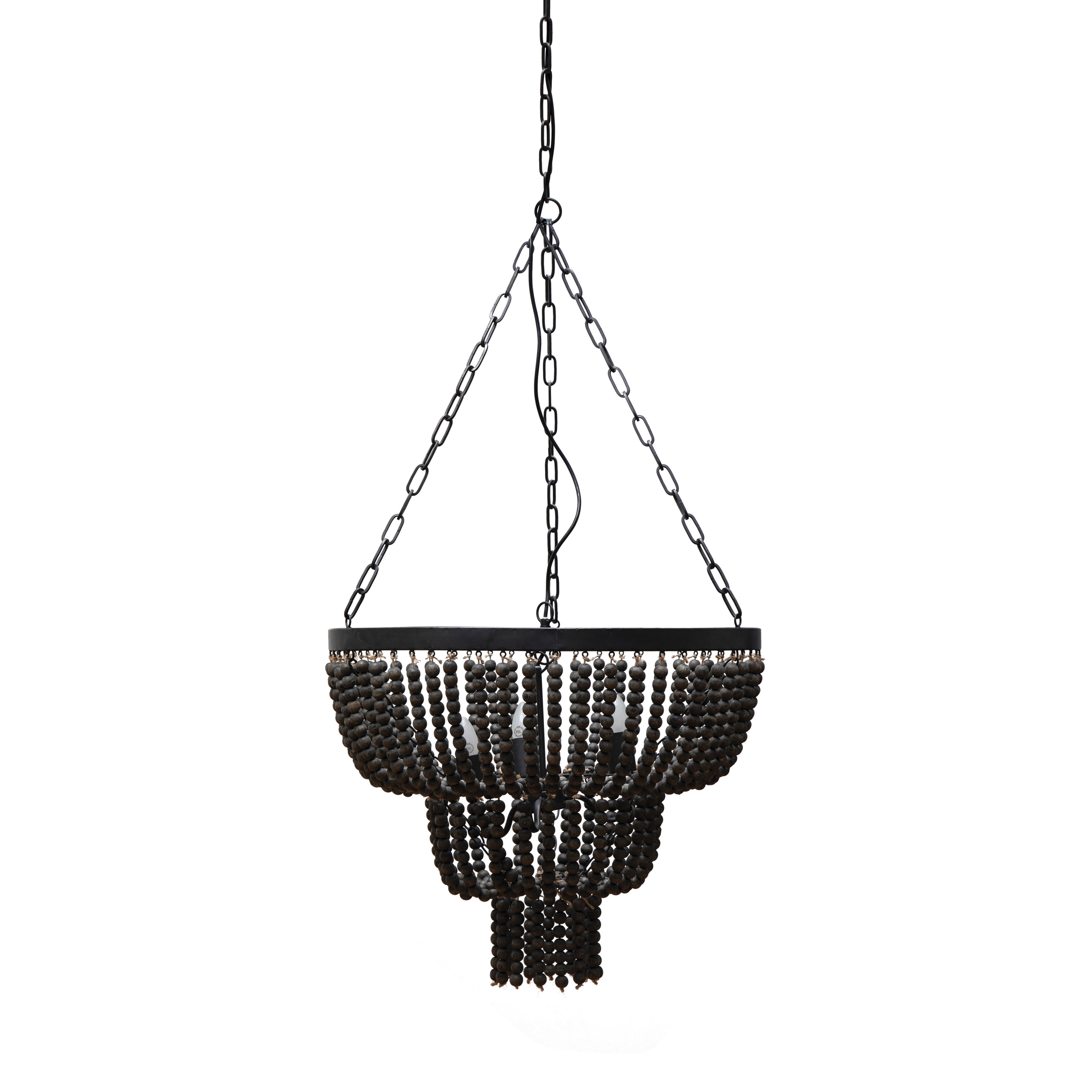 Nomad Home DF4150 Rustic Boho Wood Beaded Chandelier, 3 Bulb Beaded Light Fixture, Matte Black - Image 0