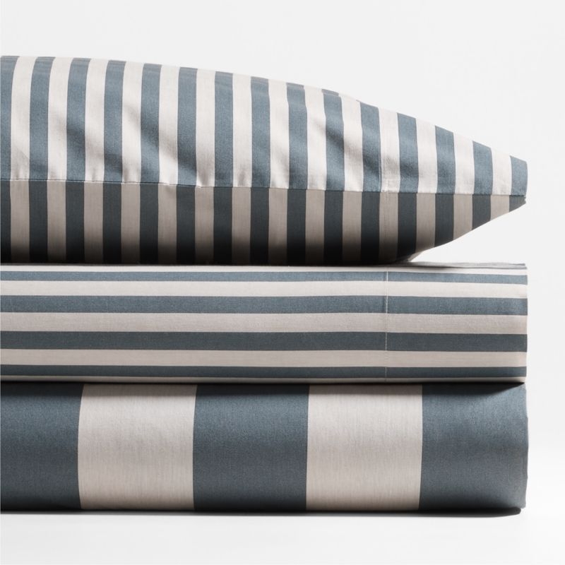 Riviera Blue and Oatmeal Stripe 100% Organic Cotton Kids Twin Sheet Set - Image 3