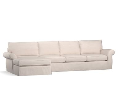 Pearce Roll Arm Slipcovered Right Arm Loveseat with Double Chaise Sectional, Down Blend Wrapped Cushions, Performance Heathered Basketweave Dove - Image 1