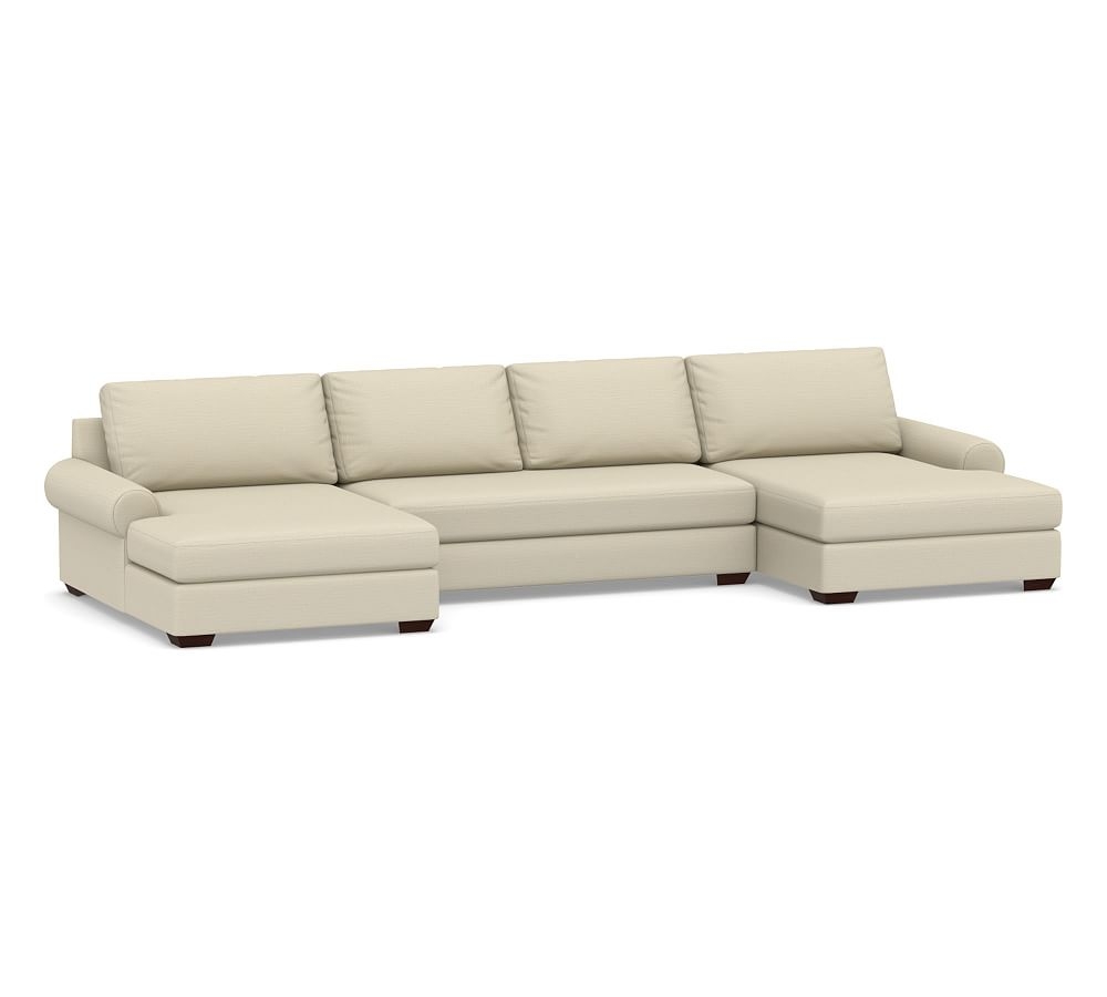Big Sur Roll Arm Upholstered U-Double Chaise Sofa Sectional with Bench Cushion, Down Blend Wrapped Cushions, Premium Performance Basketweave Oatmeal - Image 0