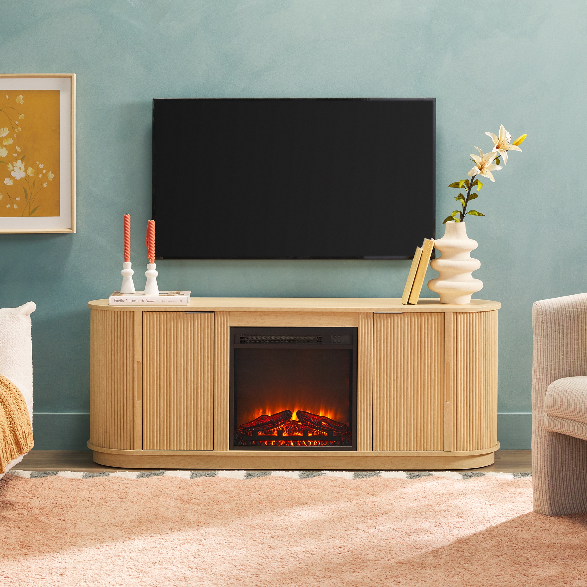 Modern Reeded 60” Fireplace TV Stand - Coastal Oak - Image 4