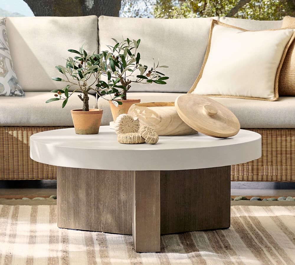 Pomona Concrete & Acacia Wood Round Coffee Table, White Speckle & Gray - Image 3