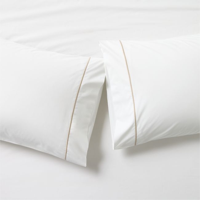 Marisal Organic Cotton Percale 400 Thread Count White with Taupe Standard Pillowcases Set of 2 - Image 0