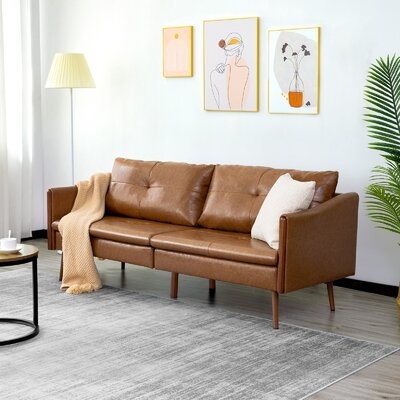 74'' Vegan Leather Round Arm Sofa, Orange Faux Leather - Image 0