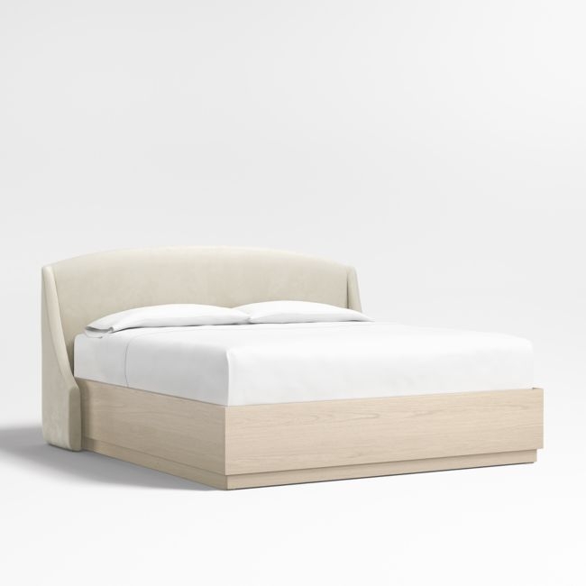 Lafayette 48" Beige Upholstered King Headboard with Batten White Oak Storage Bed Base - Image 0