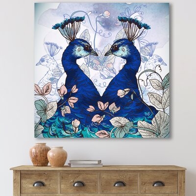 Two Blue Peacocks With Wildflowers - Traditional Canvas Wall Art Print-PT35356 - Image 0