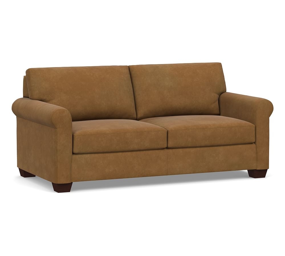 York Roll Arm Leather Loveseat 75", Polyester Wrapped Cushions, Nubuck Camel - Image 0