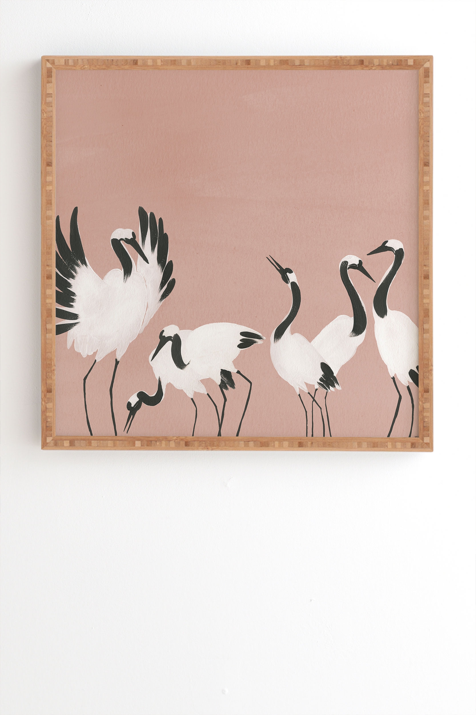 Crane Dance Mauve Pink by Megan Galante - Framed Wall Art Bamboo 30" x 30" - Image 1