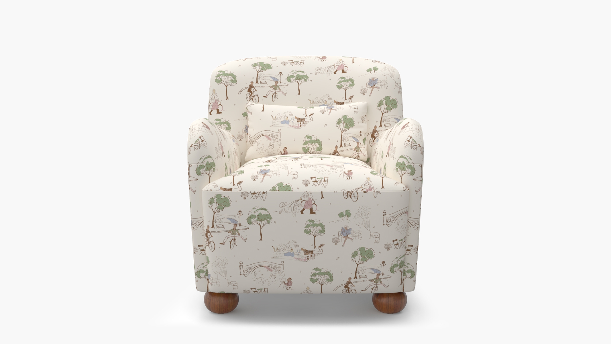 Club Chair, Multi Central Park Toile, Walnut Bun Foot - Image 0