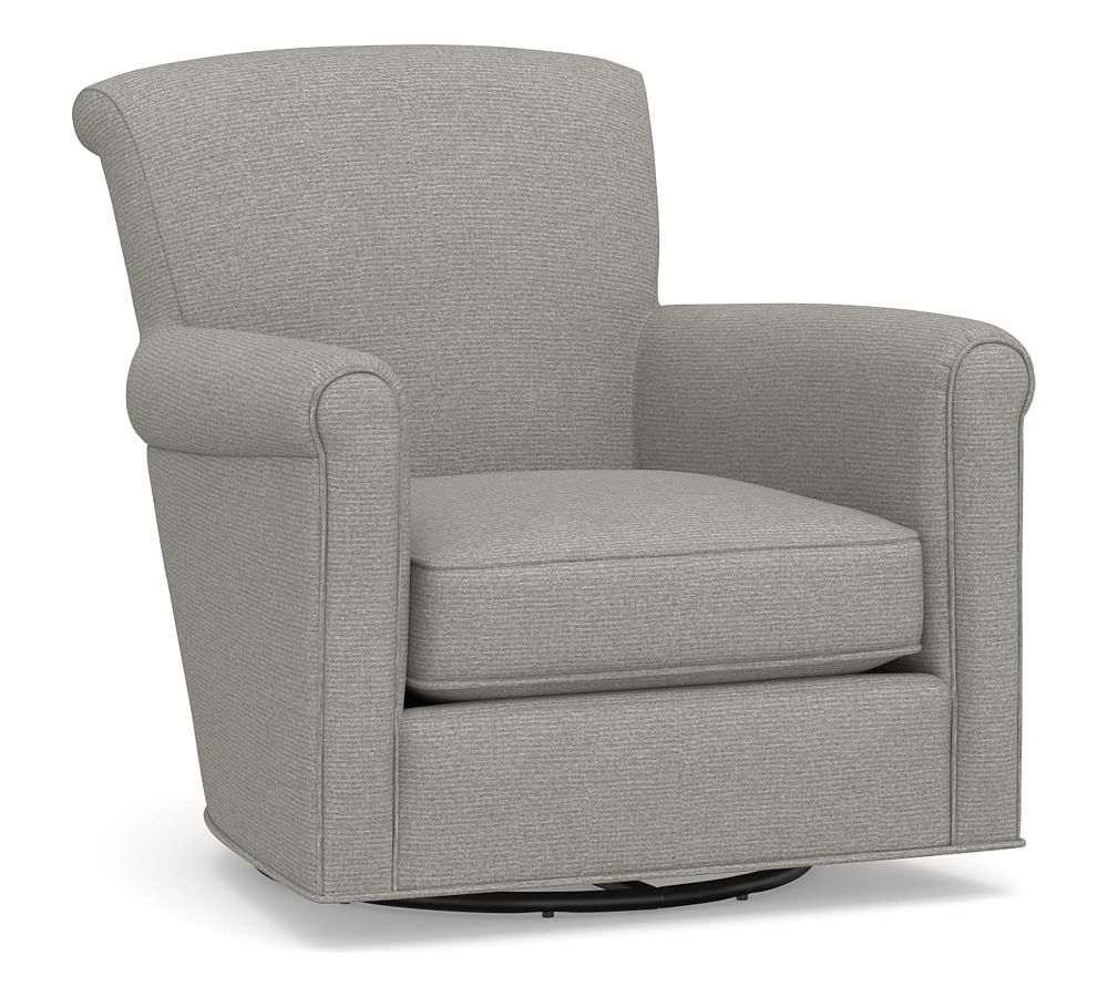 Irving Roll Arm Upholstered Swivel Glider with Nailheads, Polyester Wrapped Cushions, Performance Heathered Basketweave Platinum - Image 0
