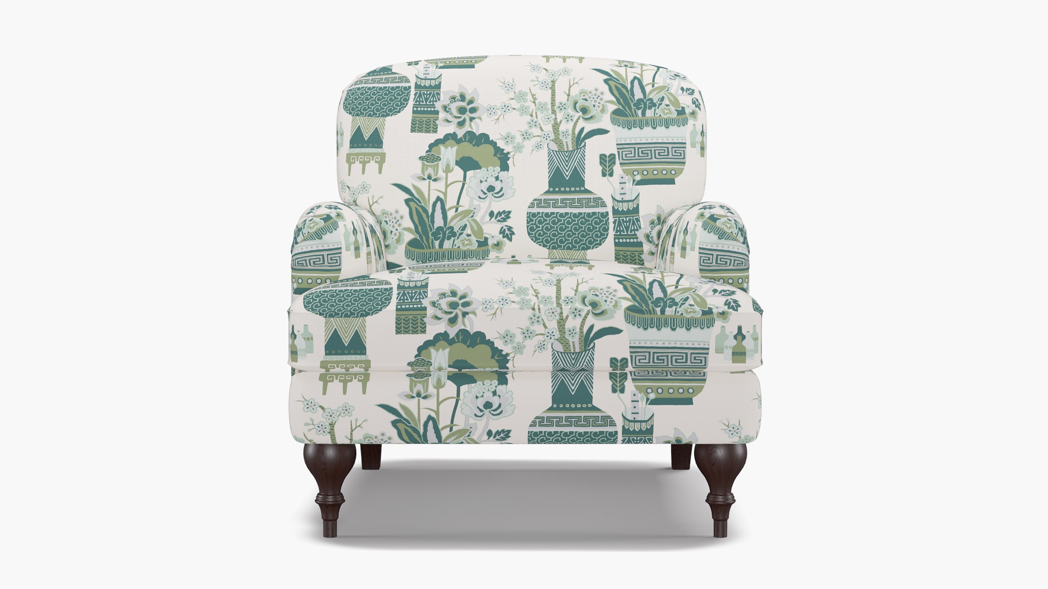 English Roll Arm Chair, Pistachio Kan-Shie, Espresso Turned Wood Leg - Image 0