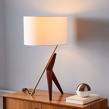 Caldas Table Lamp, White Linen, Walnut, Brass - Image 1