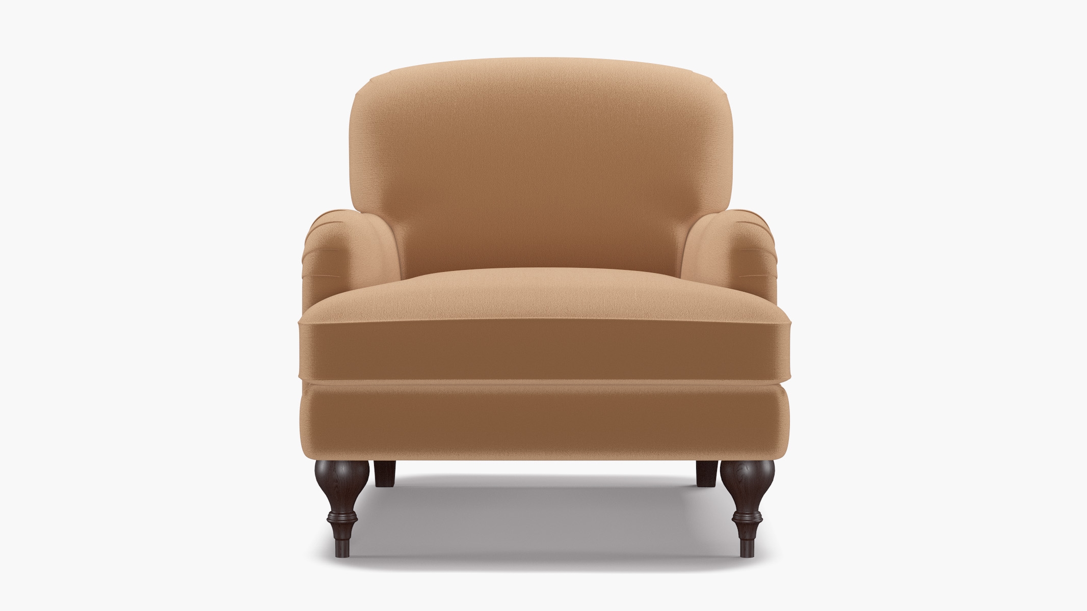 English Roll Arm Chair, Camel Performance Plush Velvet, Espresso Turned Wood Leg - Image 0